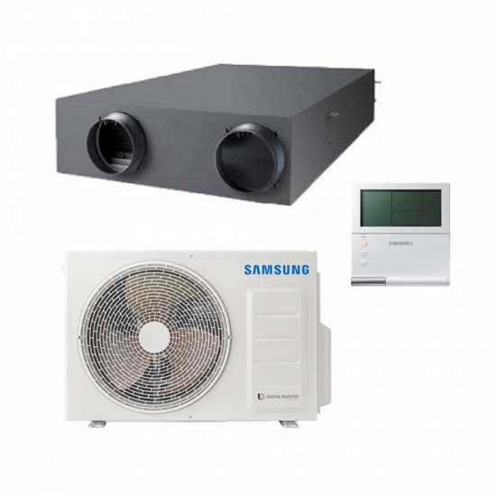 Plokštelinis Samsung ERV PLUS AM050FNKDEH rekuperatorius su valdikliu, šaldymo sekcija ir išoriniu bloku