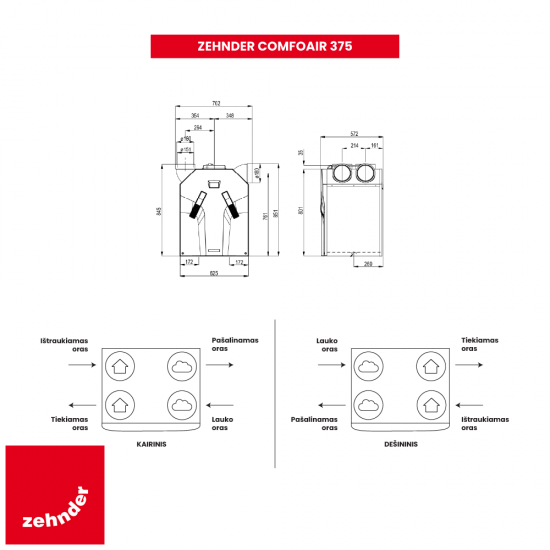 Plokštelinis rekuperatorius Zehnder ComfoAir 375 HRV (su tenu)